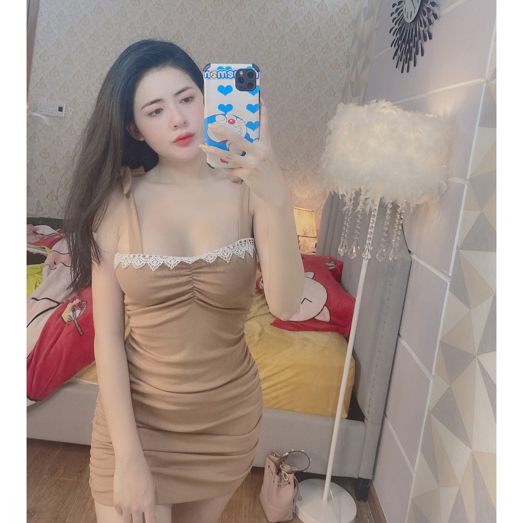 đầm nhúm kiểu phối ren cột dấy nơ vai xinh siêu hot hit