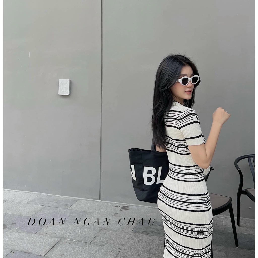 Đầm len kẻ đen nhỉ dáng ôm body cổ bẻ Quảng Châu dài 110cm