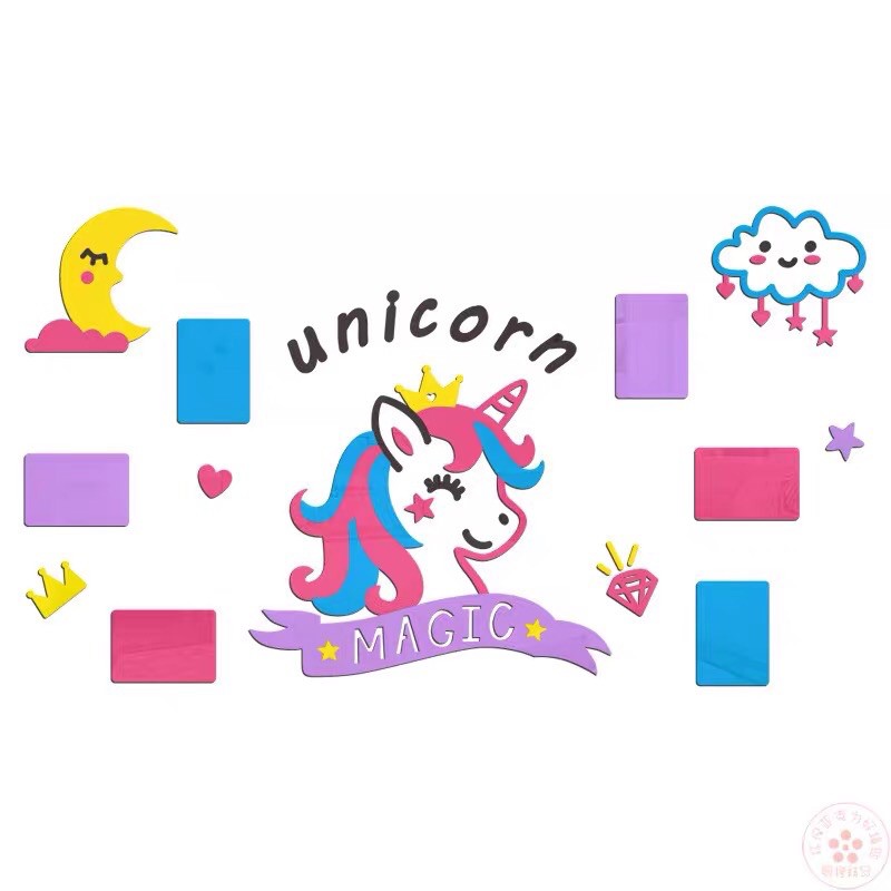 Tranh Dán Tường Mica 3D Unicorn, ngựa hồng pony magic dễ thương, Decal mica trang trí phòng bé