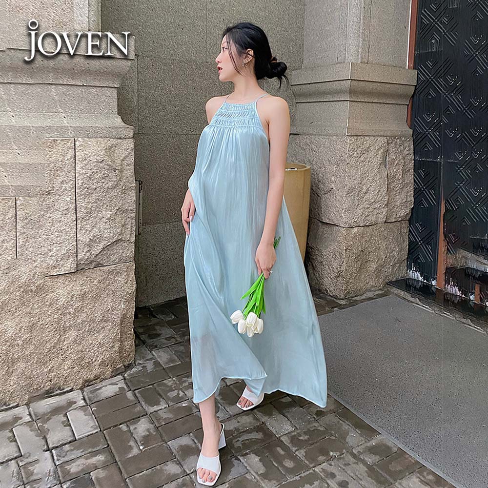 Đầm yếm maxi, váy đi biển Shimmer sang chảnh lụa organza cao cấp JOVEN, thiết kế cổ nhún suông dáng dài