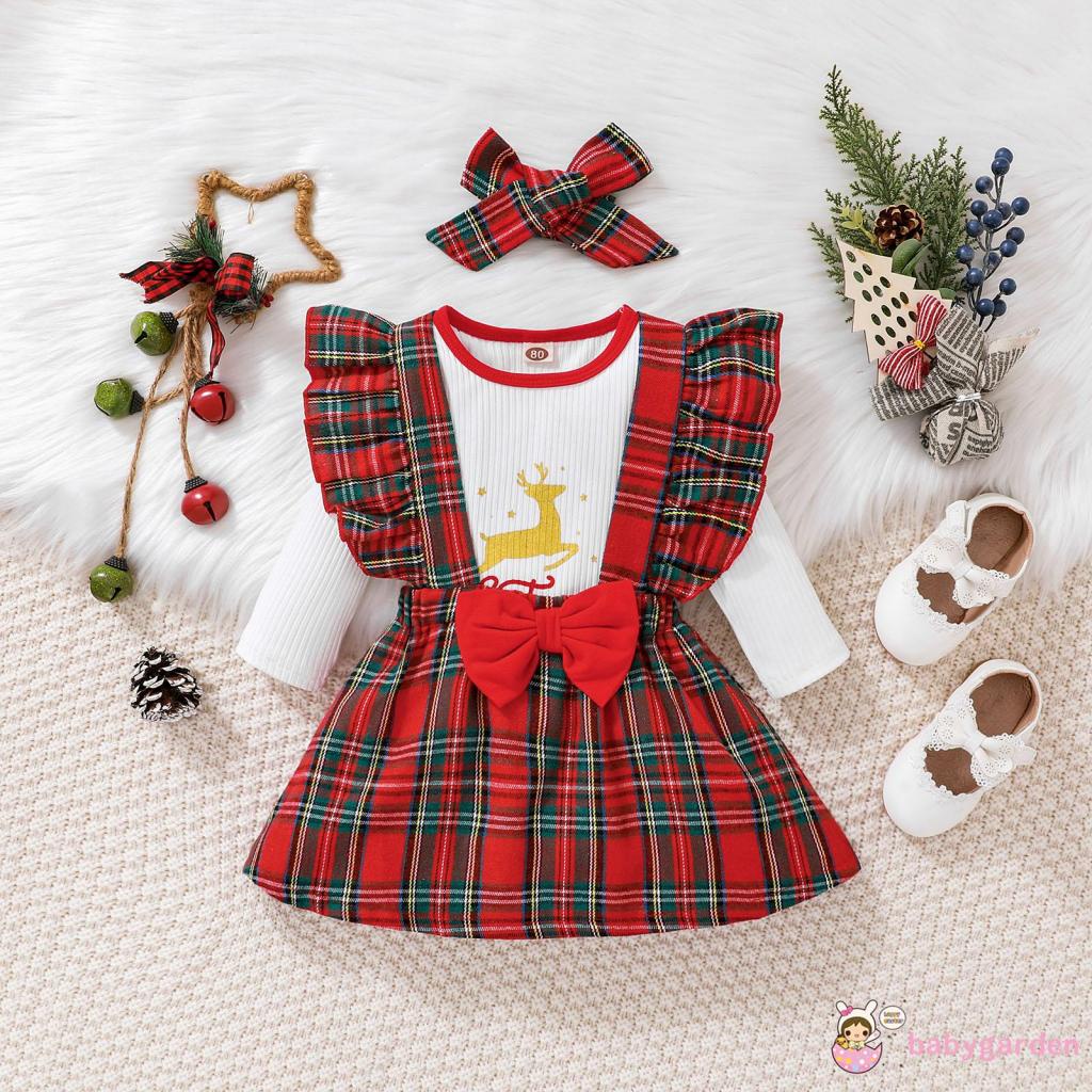 Set Đồ 3 Món Gồm Áo Liền Quần Tay Dài In Chữ Tuần Lộc Giáng Sinh + Váy Hai Dây Cổ Tròn + Băng Cài Đầu Cho Bé Gái 0-18 Tháng Tuổi