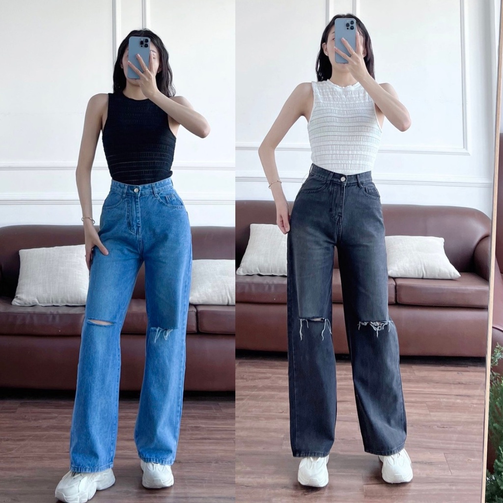 Quần jean dài ống rộng rách gối màu đen-xanh lưng cao, phom Ulzzang