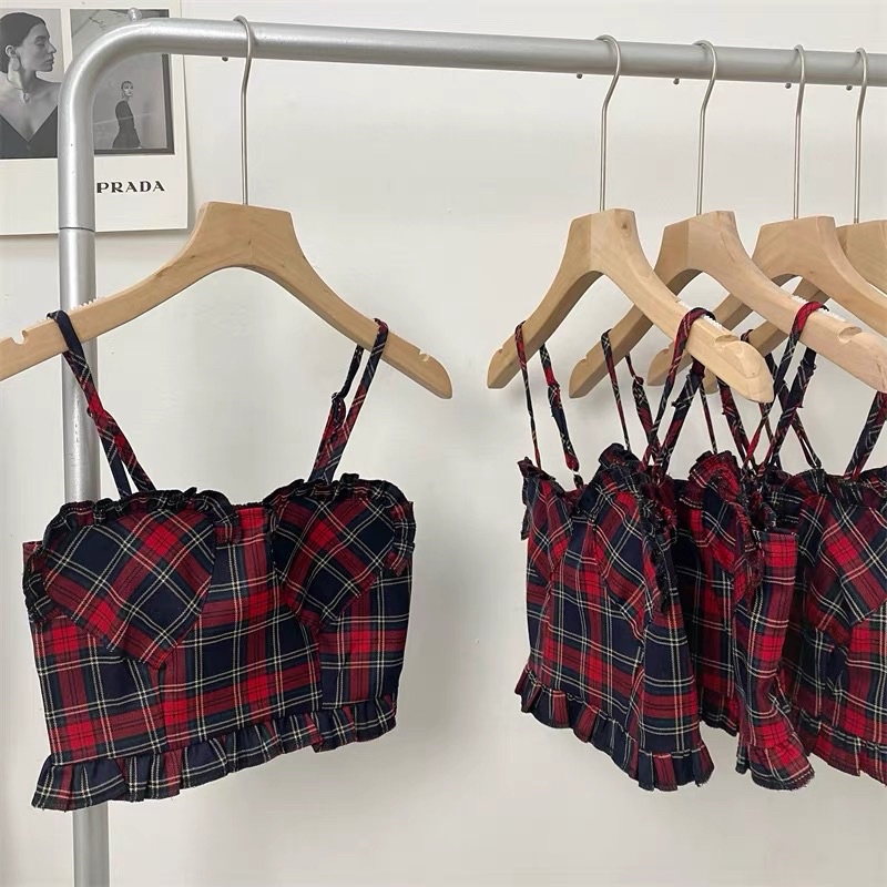 áo 2s 2 dây kẻ đỏ mix viền bèo ngực (ko có mút ngực)