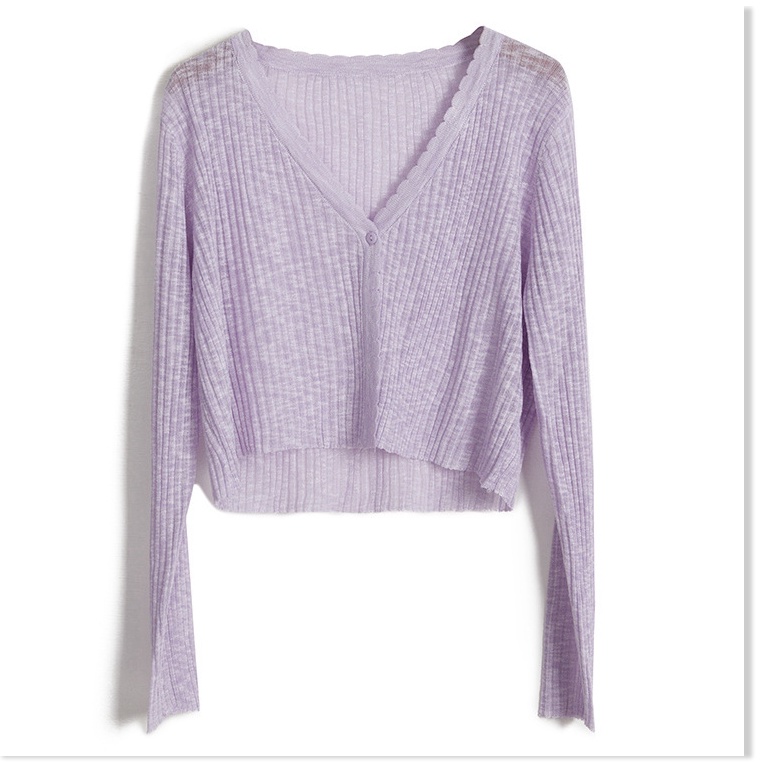 Áo len nữ đẹp, 2021 cổ áo ren. Guyun Yuanshan màu tím cổ chữ V thắt lưng cao dệt kim cardigan cho phụ nữ khăn choàng chố