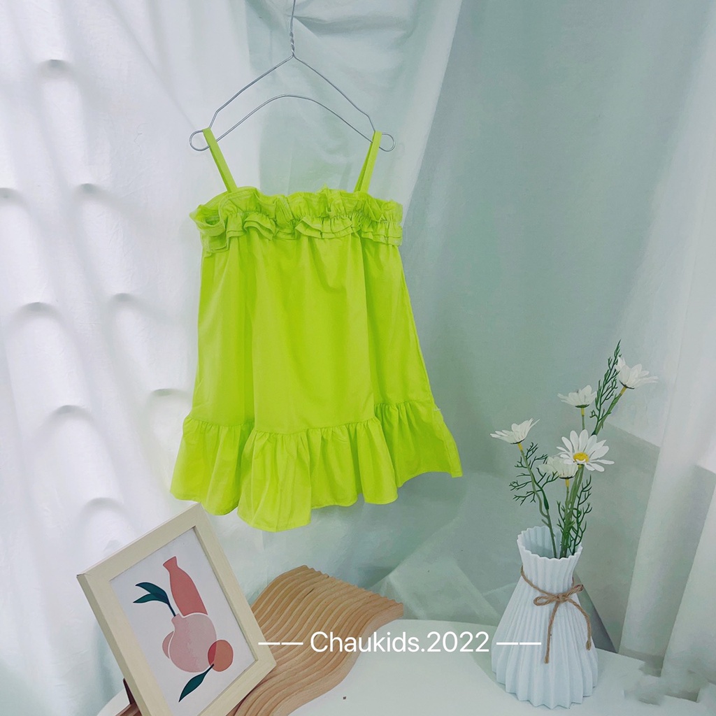 Váy babydoll 2 dây bé gái, váy 2 dây suông bèo nhún màu xanh siêu hot cho bé