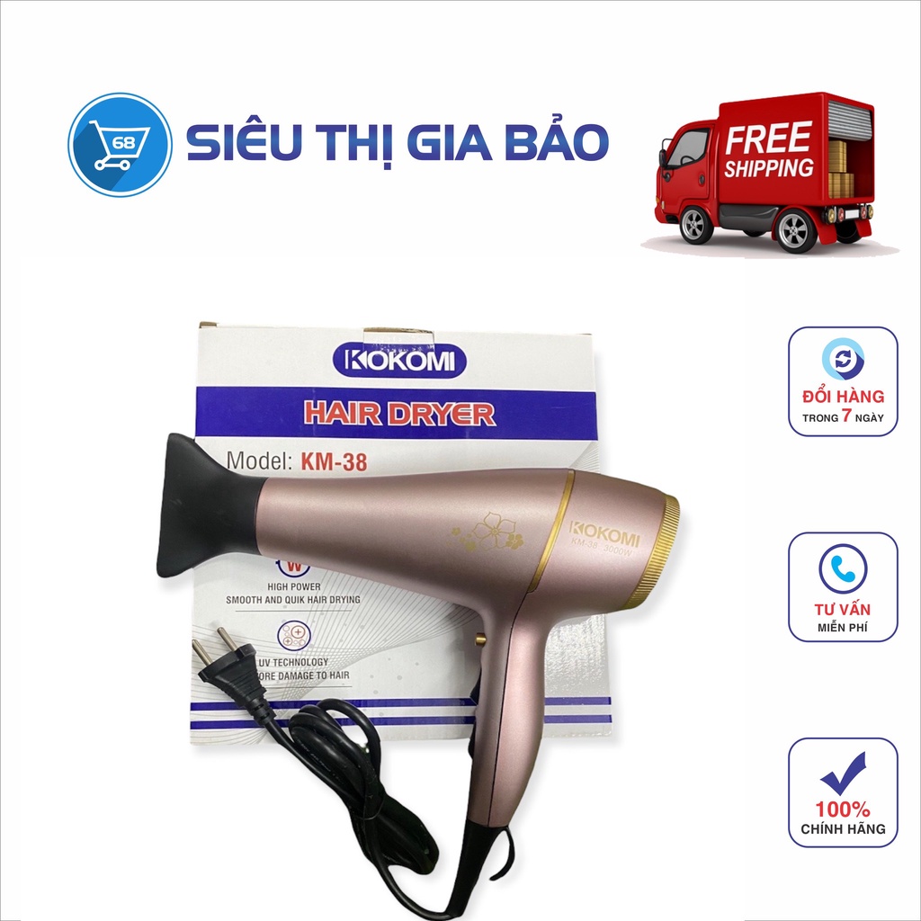 MÁY SẤY TÓC KOKOMI KM-38 CÔNG SUẤT 3000w có ánh sáng xanh,  2 tốc độ gió