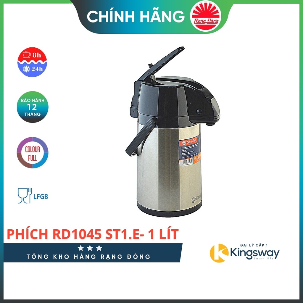 Phích Nước Rạng Đông 1045 ST1E dung tích 1 Lít Phích giữ nhiệt thân inox, Vai nhựa, Dạng Cần Bơm, Đế xoay 360 độ1045 ST1