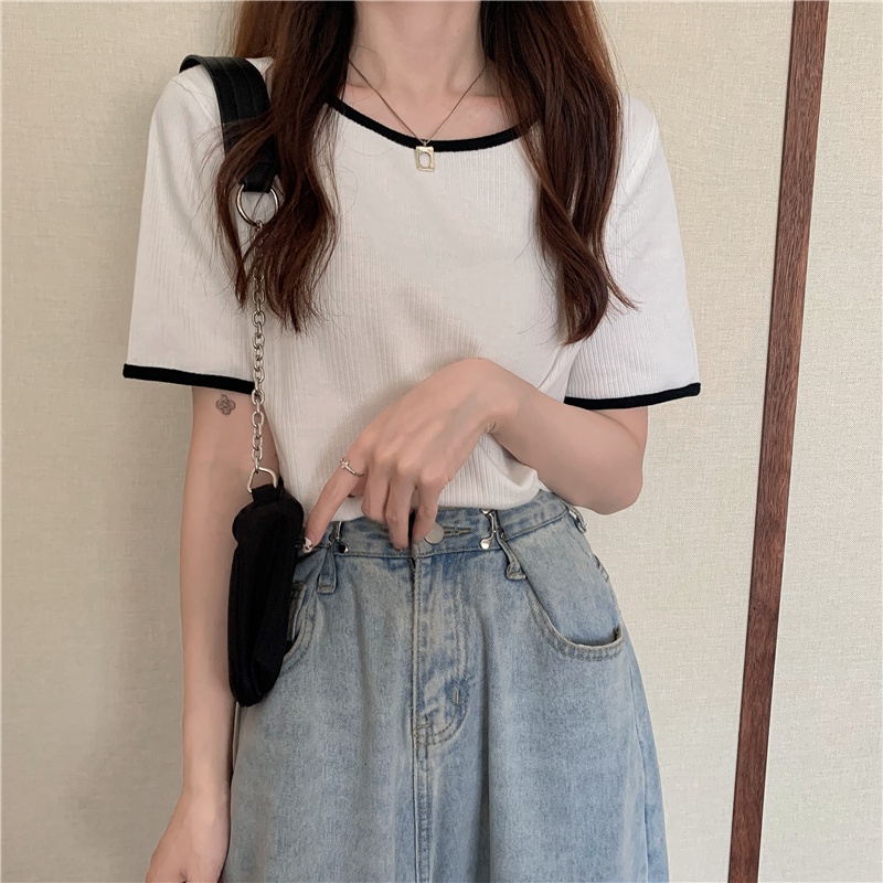 Áo Thun Dệt Kim Tay Ngắn Cổ Tròn Dáng Rộng Phong Cách Hàn Quốc Thời Trang Mùa Hè Cho Nữ