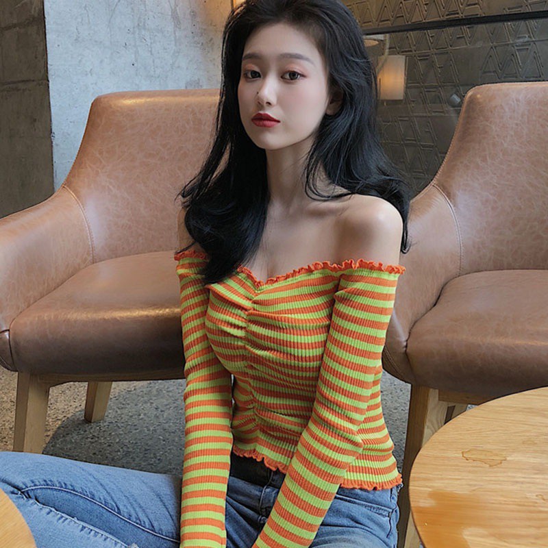 Women's Fashion Slash Neck Striped Sexy Sweet Knitted Long Sleeve Sweater Top | BigBuy360 - bigbuy360.vn