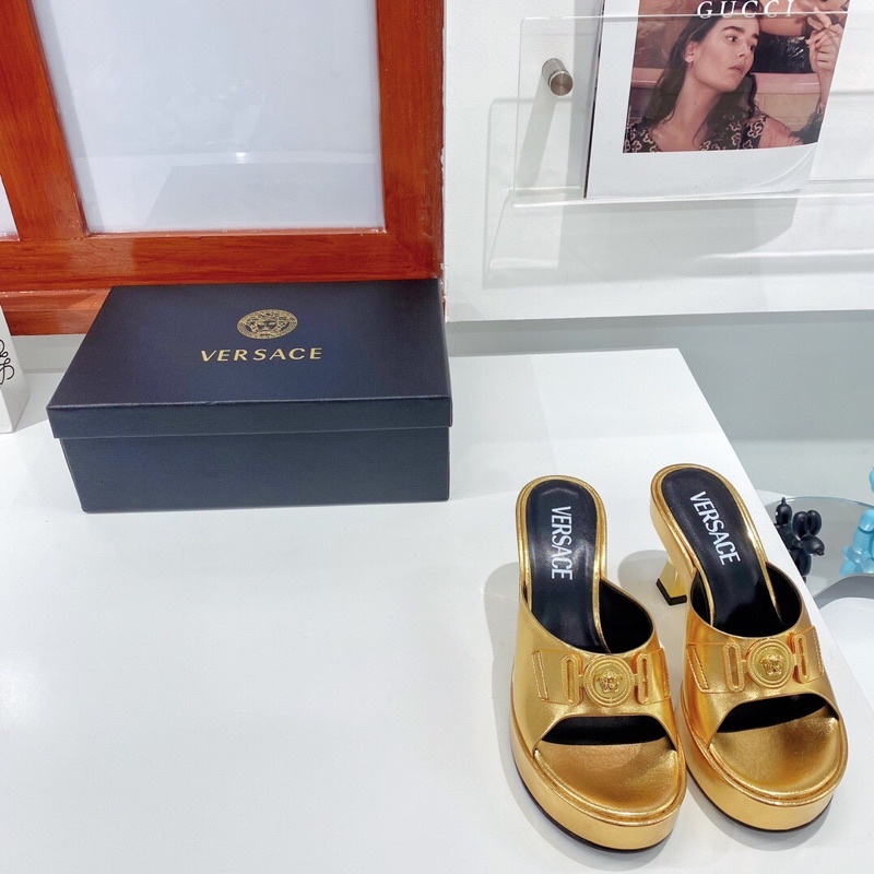 Dép thời trang nữ gót cao 8.5cm cao cấp logo thương hiệu Versace 2022 da thật nhiều màu