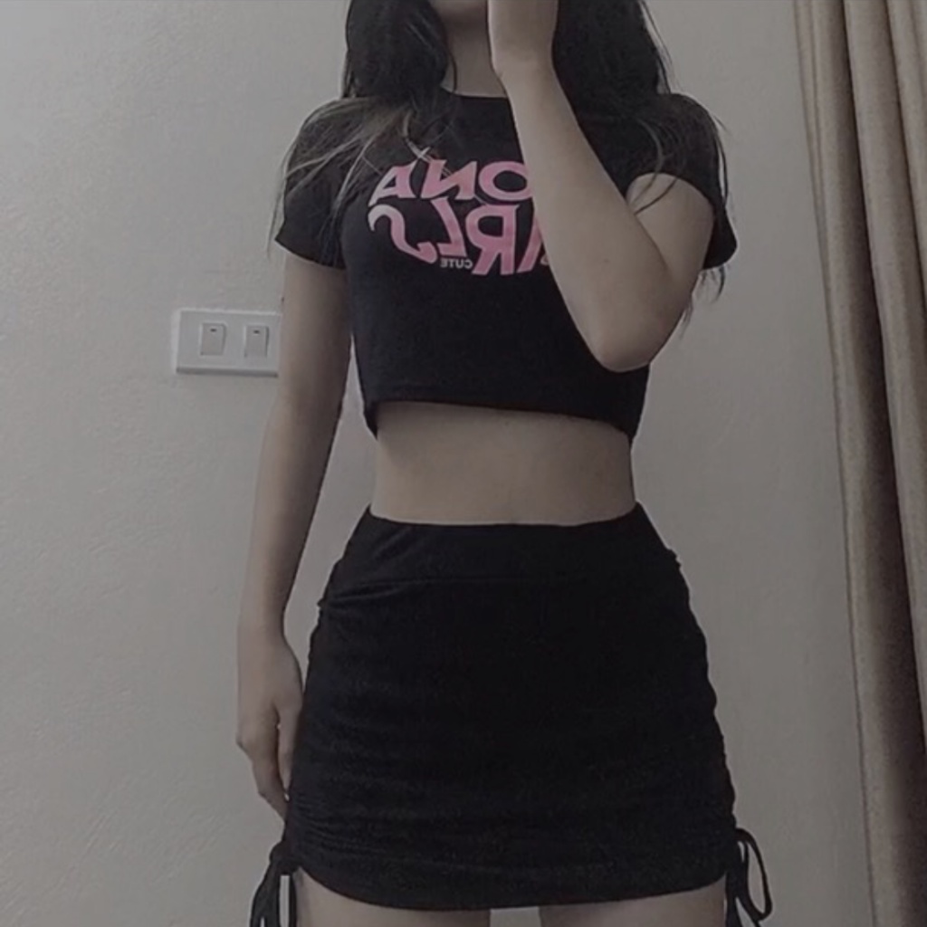 Áo croptop âu mỹ, áo croptop nữ kiểu ngắn hở bụng cá tính thun màu ĐEN in hình