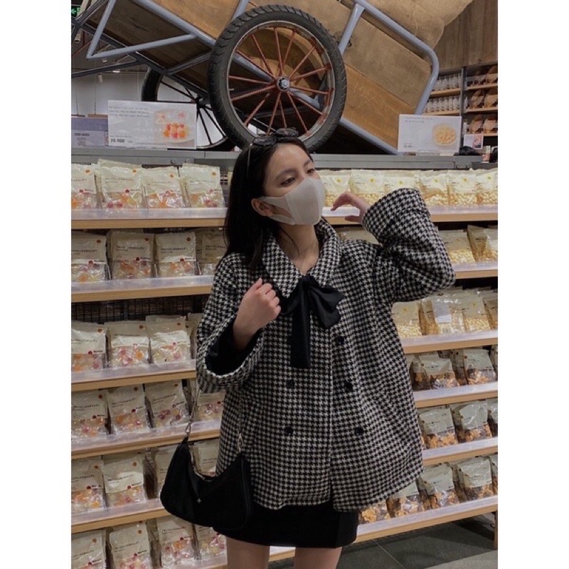 Áo khoác dạ kẻ nơ cổ (Ảnh thật) | BigBuy360 - bigbuy360.vn