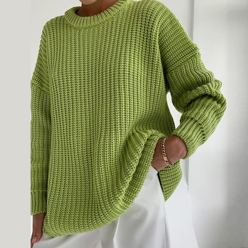 Áo Sweater Dệt Kim Tay Dài Cổ Tròn Màu Sắc Đơn Giản Cho Nữ