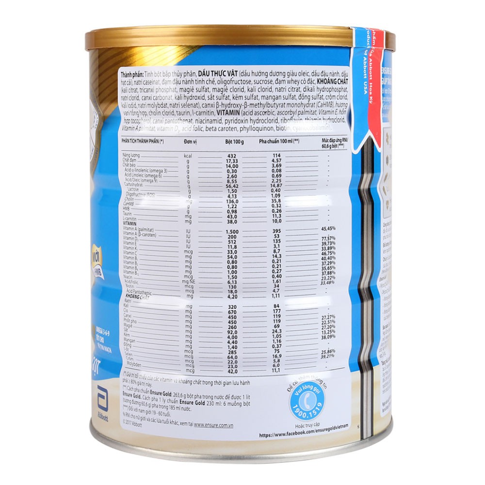 [CHÍNH HÃNG] Sữa Bột Abbott Ensure Gold HMB Hương Vani Ít Ngọt Hộp 850g (Dinh dưỡng đầy đủ và cân đối)