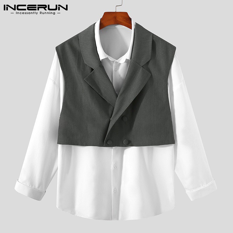 Áo Sơ Mi Hai Mảnh INCERUN Tay Dài Giả Áo Giả Vest Thời Trang Hàn Quốc