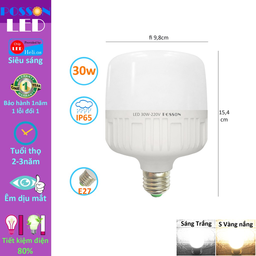 Sỉ 30 Bóng đèn Led trụ 30w bup trụ bulb siêu sáng tiết kiệm điện kín chống nước Posson LC-30x