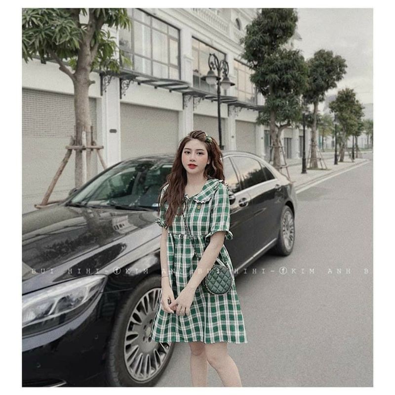 Váy kẻ thêu quả dứa cổ bẻ dáng babydoll fom rộng