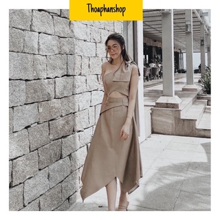 Đầm midi nude lệch vai phối nơ cut out eo
