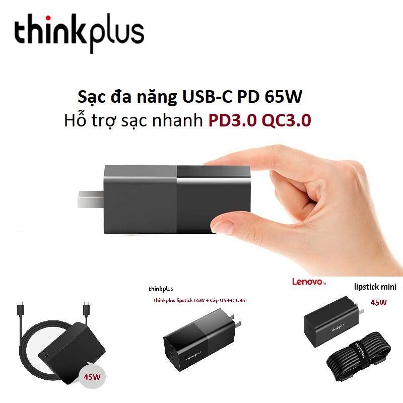 Củ sạc Thinkplus 45W-65W USB-C đa năng hỗ trợ sạc nhanh PD3.0 QC3.0 cho Mobile,Tablet, Laptop, Macbook, Surface