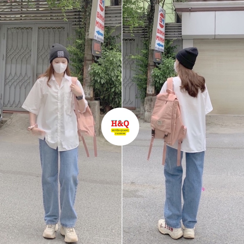 Áo sơ mi trắng nữ from rộng trơn tay lỡ cổ bẻ basic unisex kiểu hàn quốc học sinh cá tính_Huyền Quang