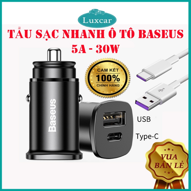 Tẩu Sạc Nhanh Ô Tô Luxcar Baseus QualComm 4.0 Có Đèn Led-Tẩu Sạc Nhanh Xe Hơi Cổng Type C-USB Cho IPAndroid