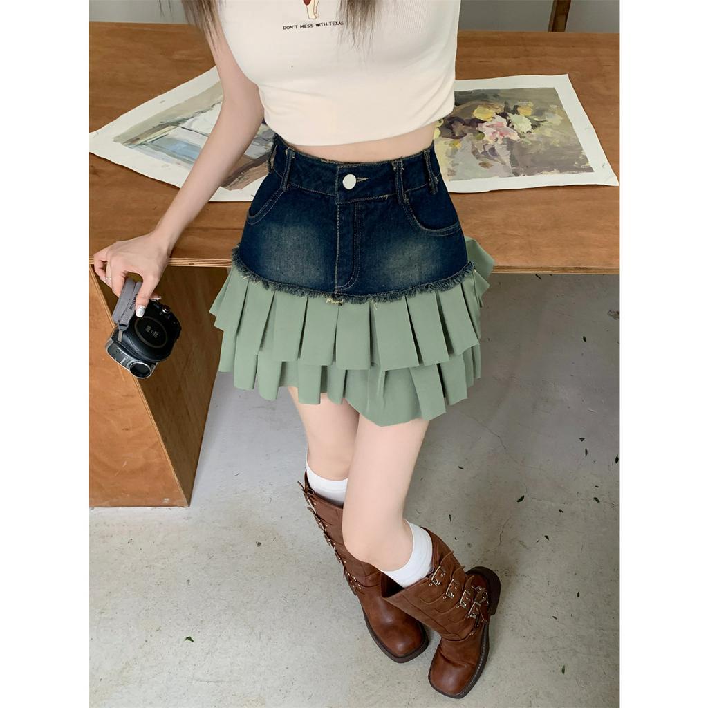 Lalisas Chân váy jean Ngắn Chữ A Lưng Cao Xếp Tầng Phối Họa Tiết Gia Vị retro Cho Nữ