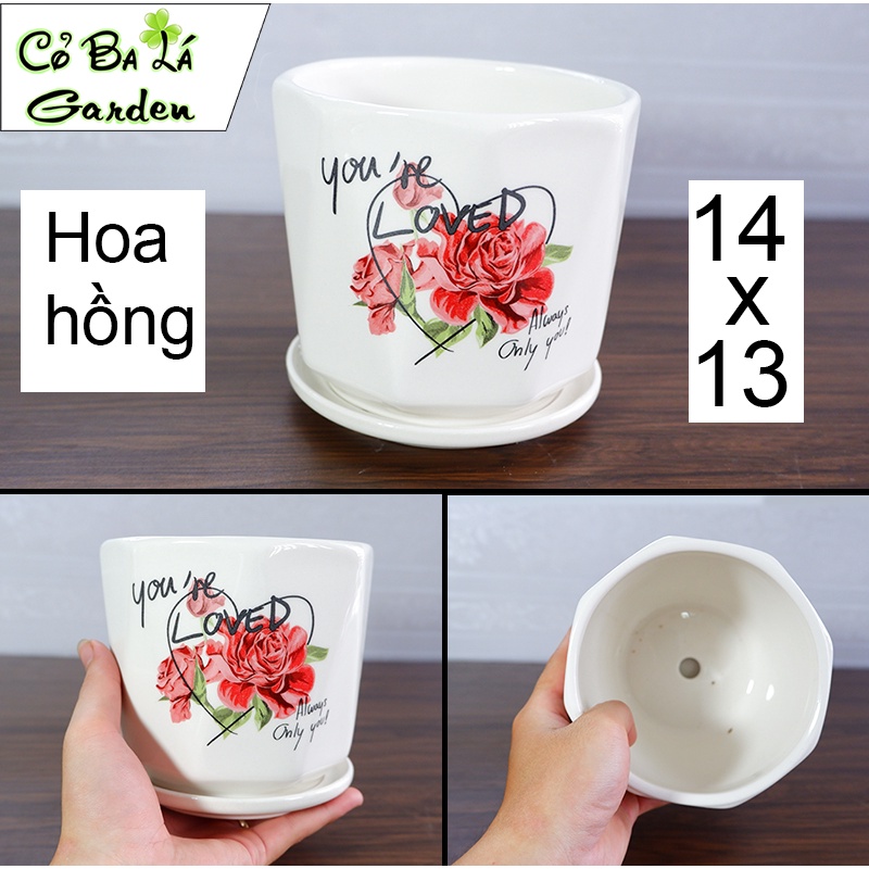 Chậu cây Gồm Sứ trồng cây cảnh (kèm Đĩa lót), cây để bàn Kích thước 11x10,5x10cm