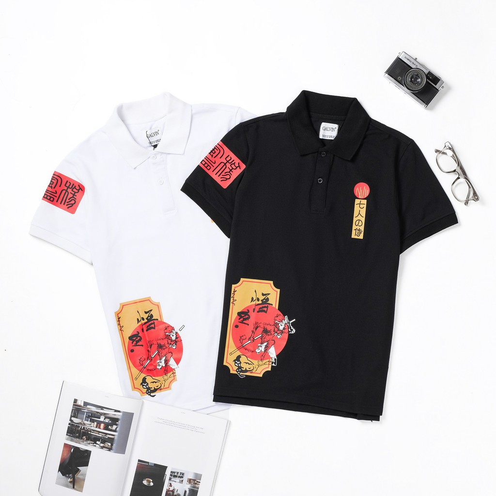 Áo phông thun polo nam Leo Vatino trắng đen tay ngắn lỡ cổ bẻ Monkey Galvin 54