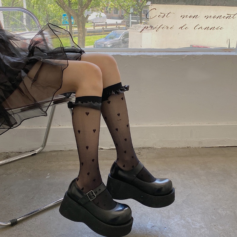 Vớ Cao Đến Đầu Gối Bằng Lụa Satin Viền Xếp Nếp Họa Tiết Trái Tim Phong Cách Nhật Bản Ngọt Ngào Cho Nữ Xiang