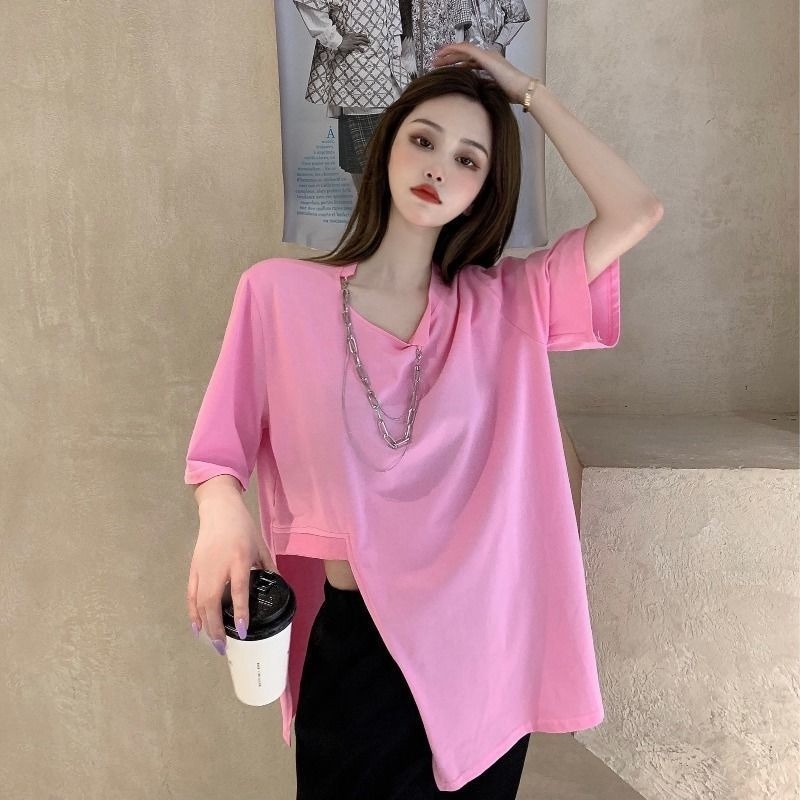 Áo Thun Tay Ngắn Dáng Rộng Màu Sắc Trơn Thiết Kế Xẻ Tà Độc Đáo