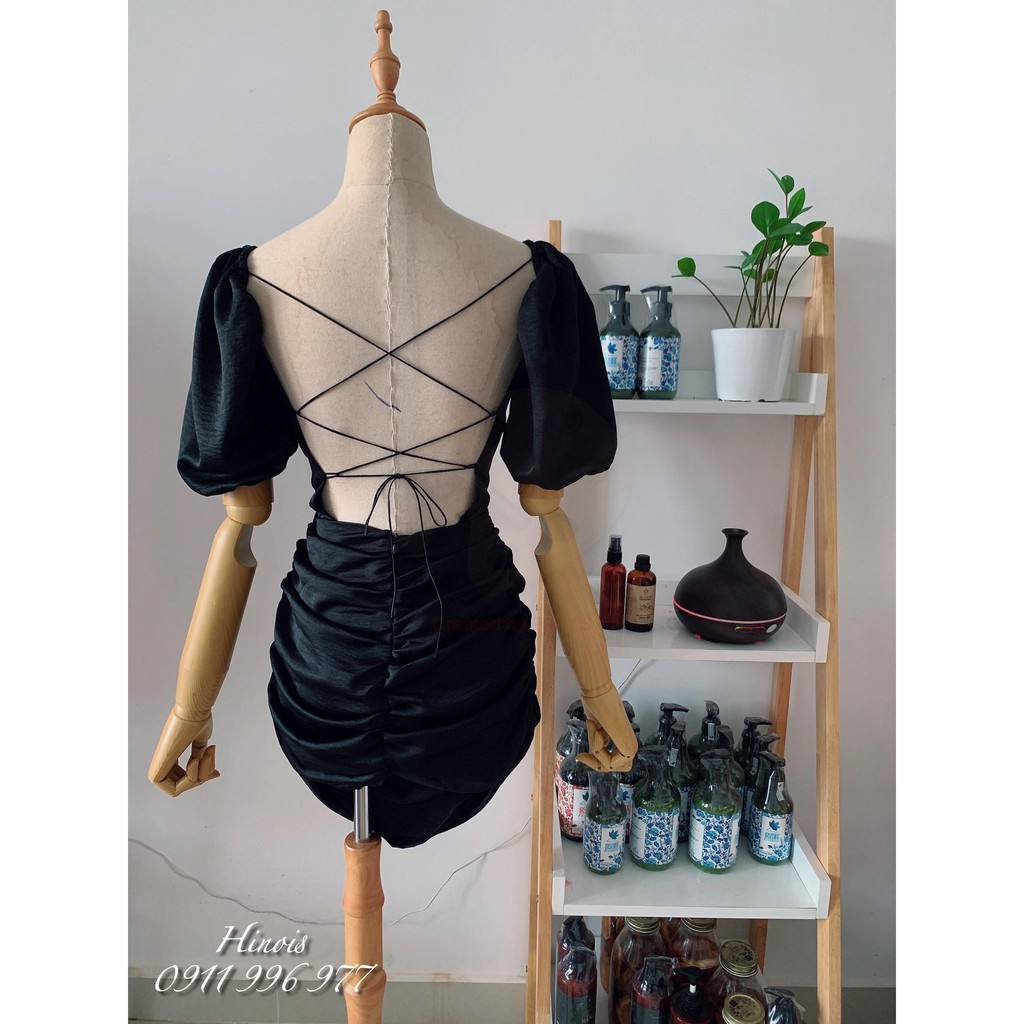 Váy Body Màu Đen 🌸 Đầm Dự Tiệc Hở Lưng Chất Lụa CÓ MÚT NGỰC Tay Phồng Cổ Vuông HỢP MỐT , Dây Đan Chéo Lưng Sexy | BigBuy360 - bigbuy360.vn