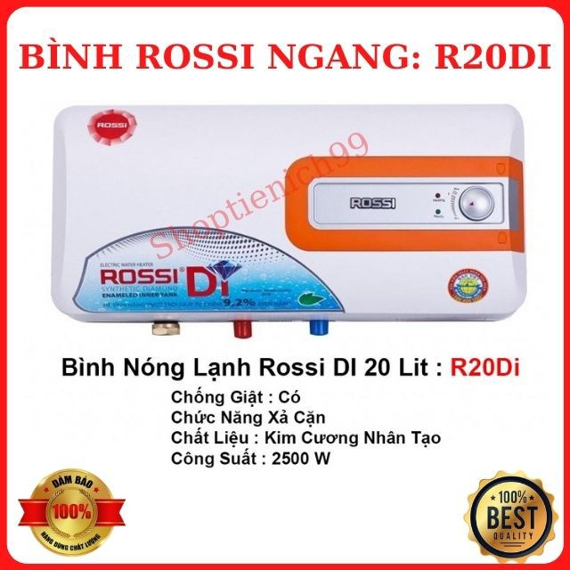 Bình Nóng Lạnh Rossi Ngang R15Di-R20Di-R30Di Tráng Kim Cương Nhân Tạo Siêu Bền Chính Hãng Giá Rẻ Tại Hà Nội.