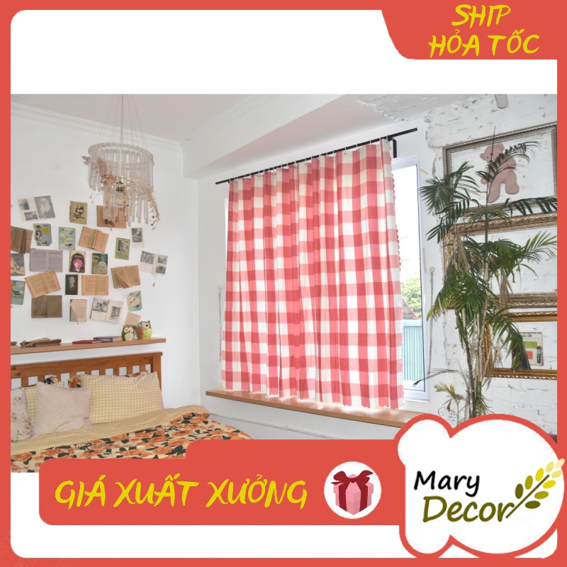 Rèm Cửa Sổ Cao Cấp, Rèm Cửa Chống Nắng, Vải Treo Tường Trang Trí Decor Cửa Chất Liệu Cotton Caro Cam Đỏ R-CC23