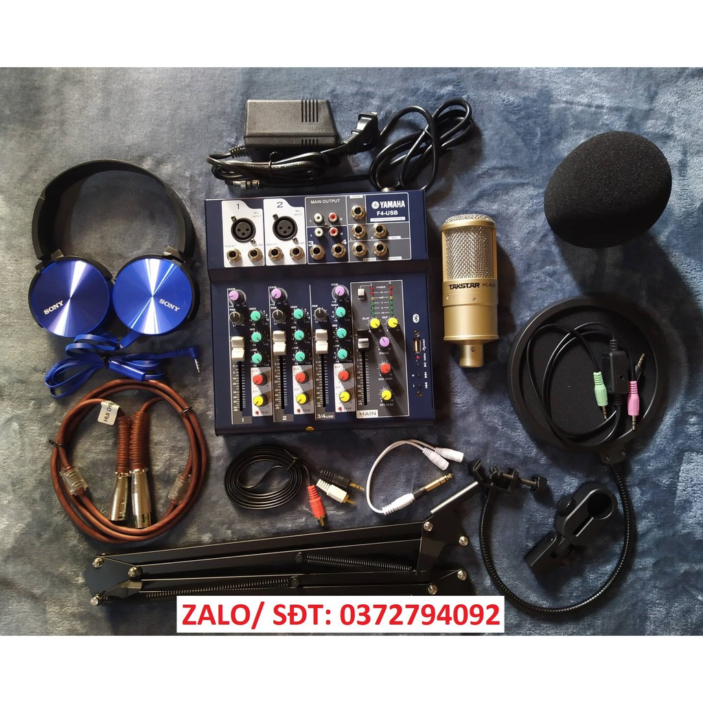 Combo thu âm livestream mic Takstar PC-K200 và Mixer F4 + Màng lọc kẹp bàn, tặng tai nghe chụp tai sony450