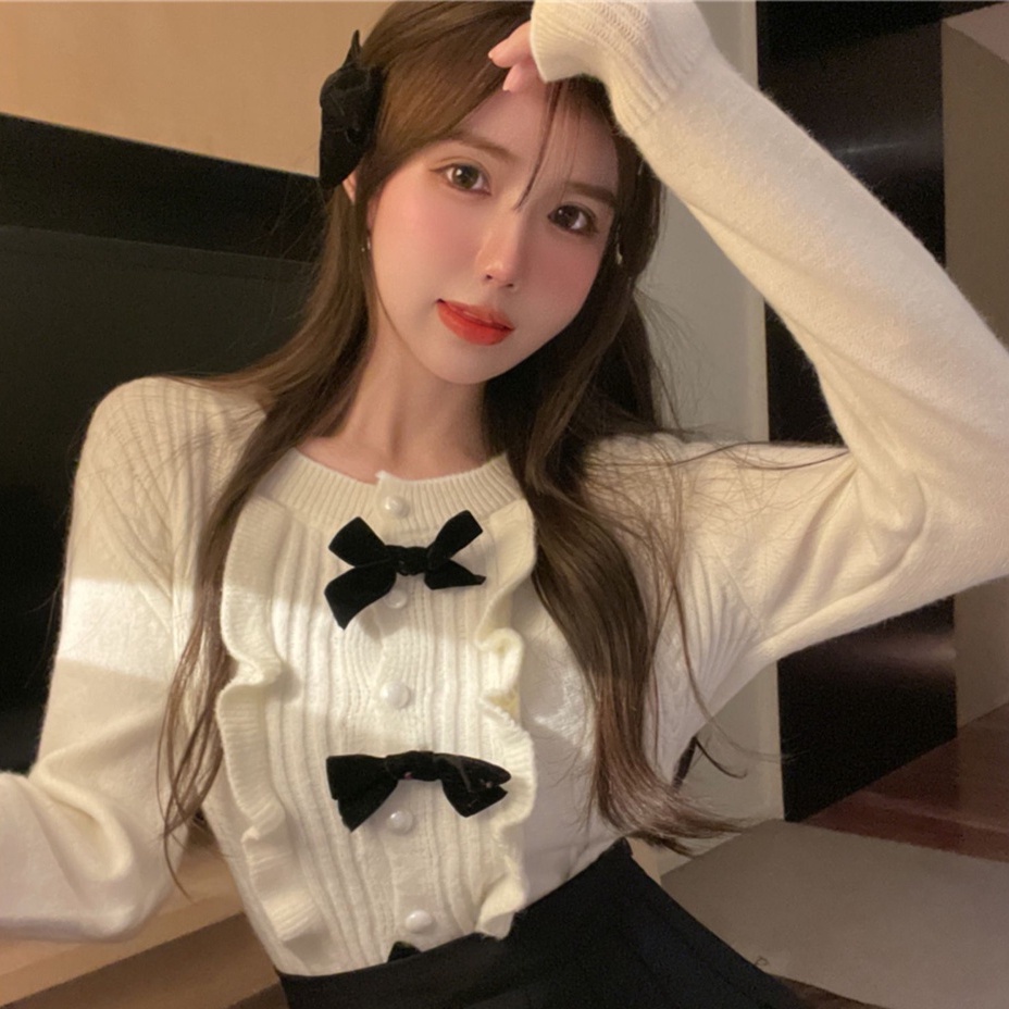 Áo sweater ZHELIHANGFEI dệt kim phối nơ màu đen phong cách phương tây dễ phối đồ dành cho nữ