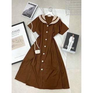 Đầm thiết kế  tiểu thư cổ sen dáng dài gài nút tay phồng vải đẹp , form dài cổ điển , tinh tế