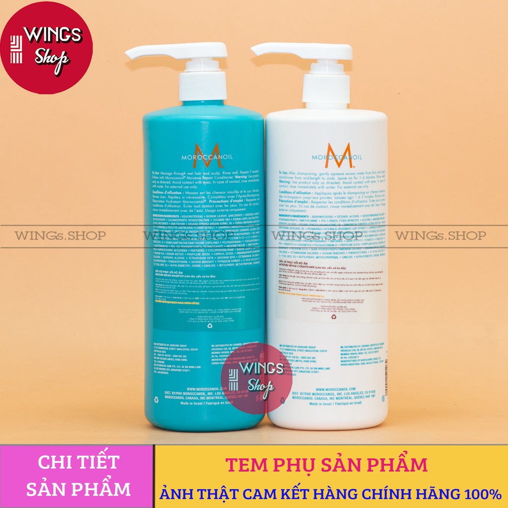 Cặp dầu gội xả Moroccanoil phục hồi, dưỡng ẩm, siêu mềm mượt 1000ML | Wings shop