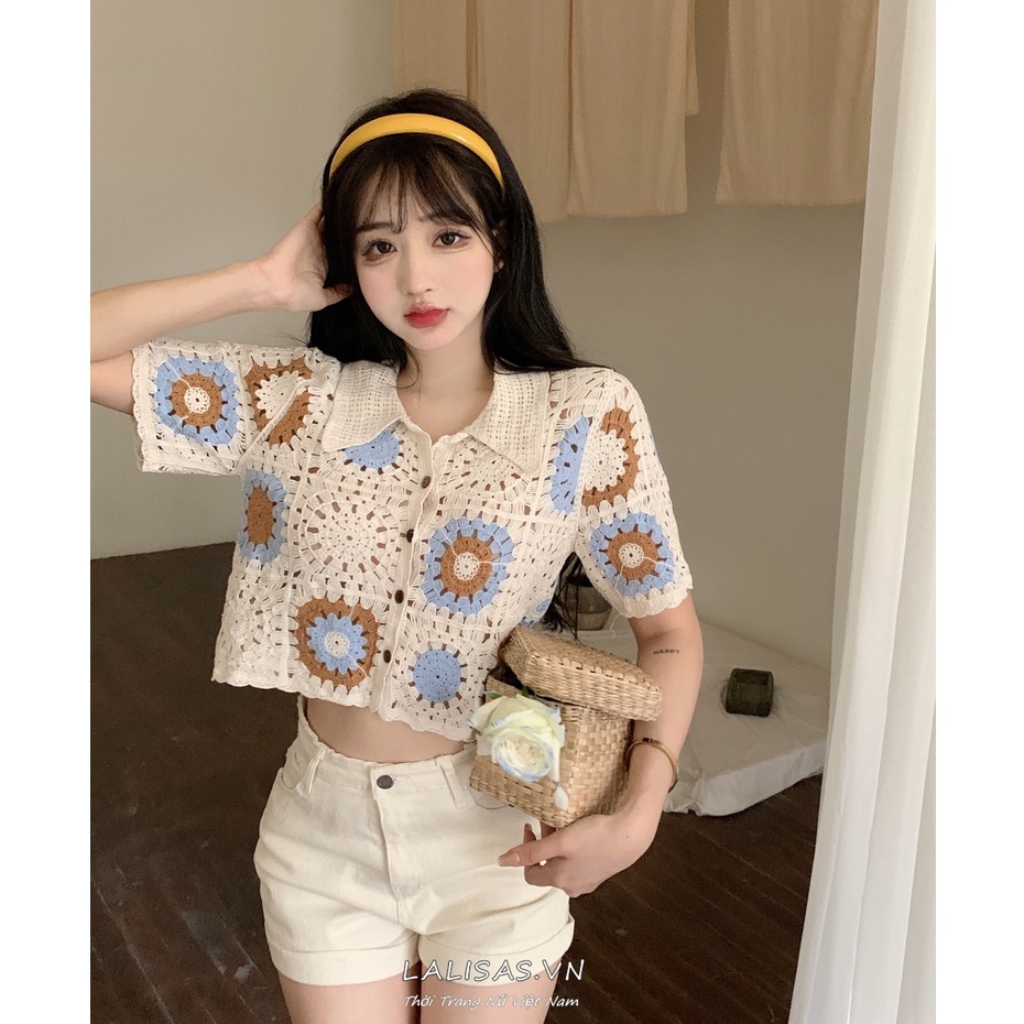 LALISAS Áo Dệt Kim Ngắn Tay Phối Lỗ Thời Trang Hàn Quốc Dễ Phối Đồ