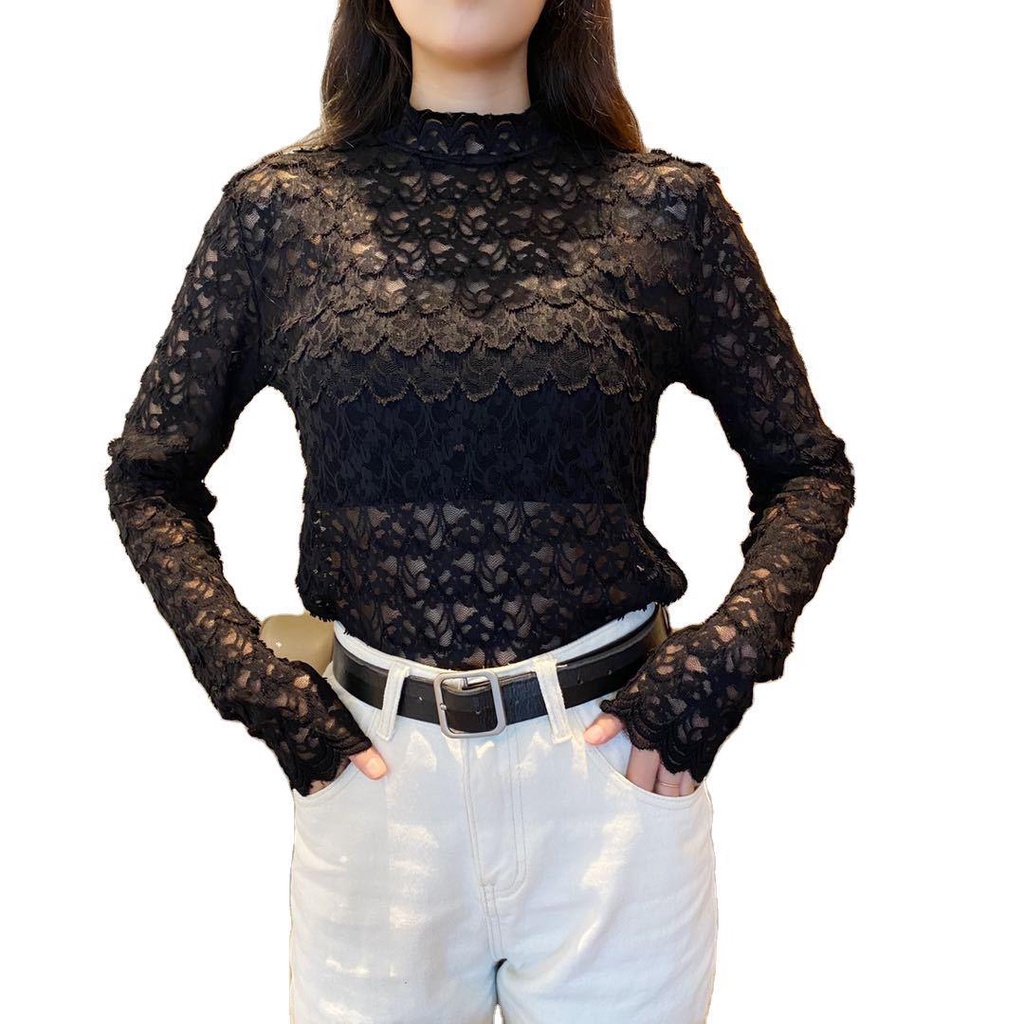 Áo ren tầng nữ dài tay xuyên thấu, áo nữ ren kiểu tay dài dạng áo vảy cá co giãn mềm mịn sexy cho nữ.