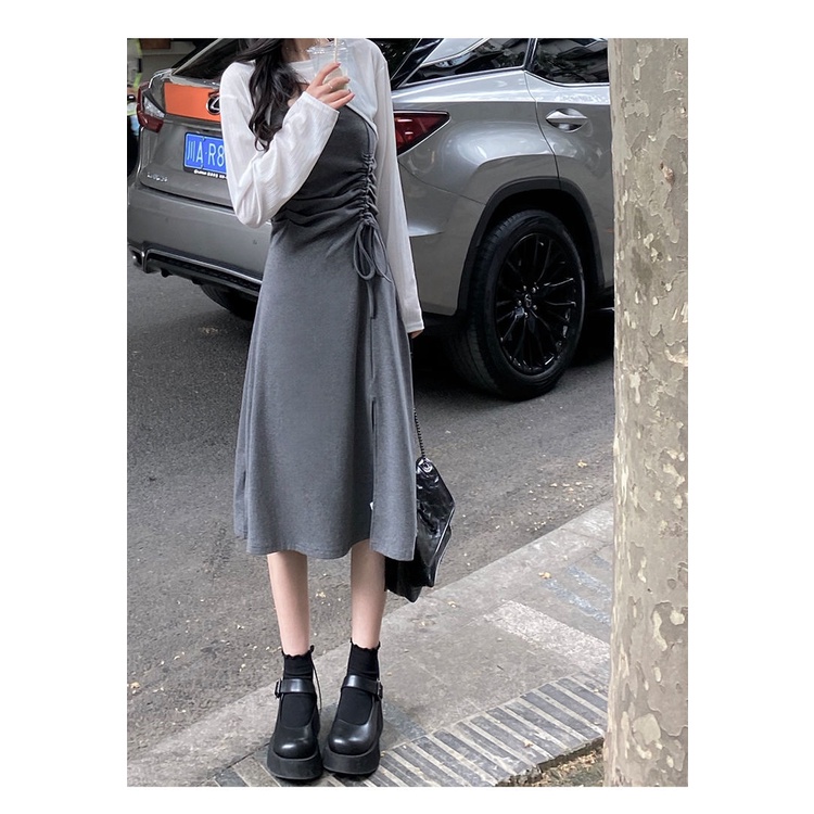 Bộ Đầm Tank Top Phối Dây Rút + Áo Sơ Mi Tay Dài Chống Nắng Thời Trang Cho Nữ