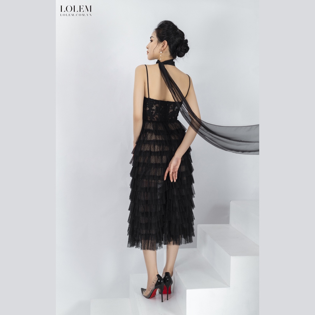 Đầm ren dự tiệc LOLEM DX331 thiết kế hai dây phối lưới tầng form corset