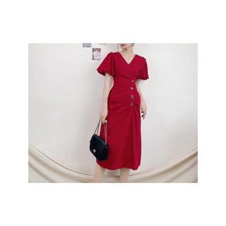 Đầm công sở maxi cổ V tay bí
