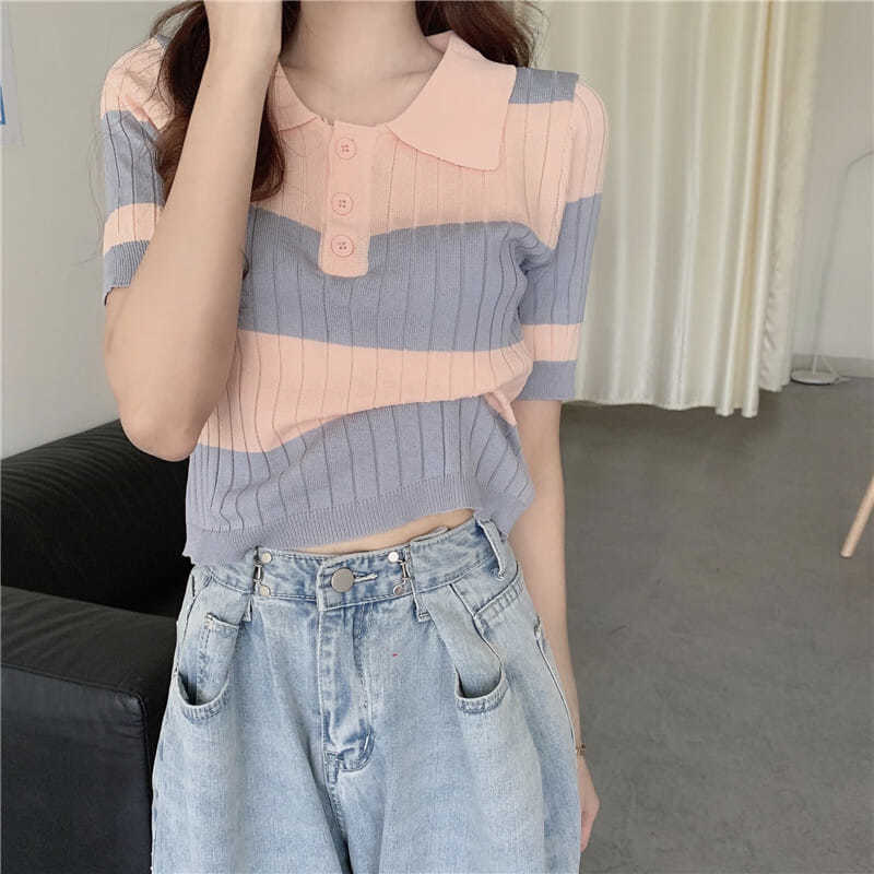 Áo Croptop Nữ Dệt Kim Cổ Polo Kẻ Sọc Ngang Tay Ngắn Dáng Body Siêu Đẹp