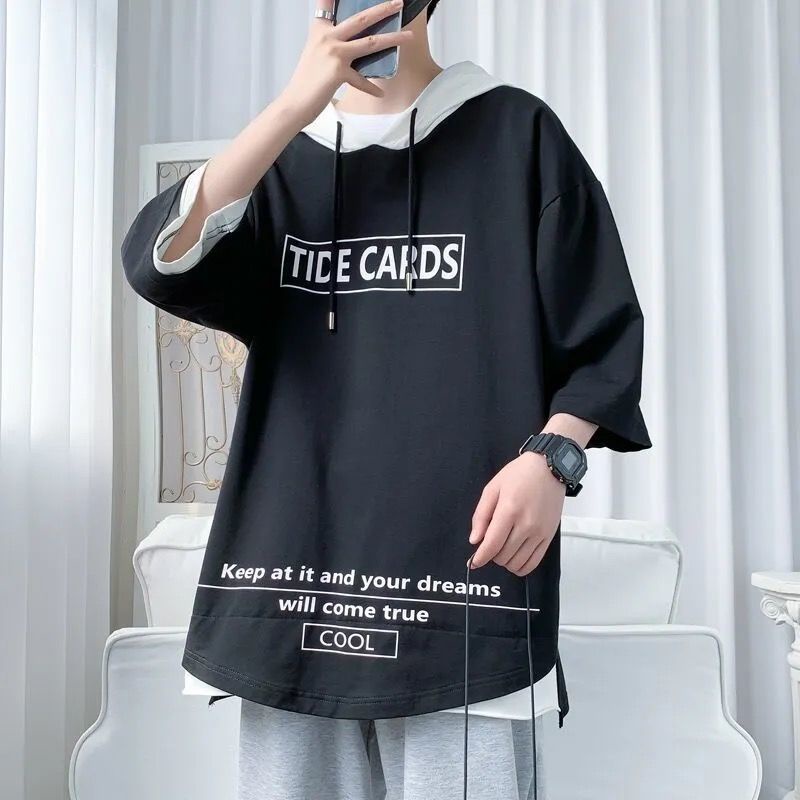 Áo hoodie giả hai lớp tay ngắn dáng rộng thời trang mùa hè cho nam giới