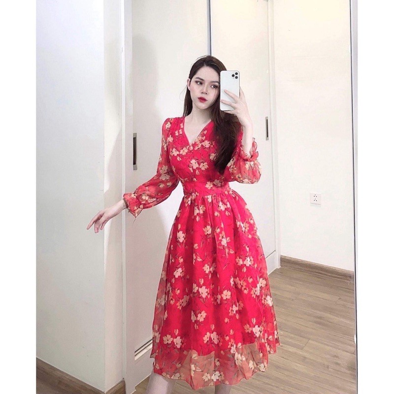 Thanh lý váy voan đỏ hoa vàng