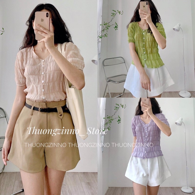 [Ảnh thật/Video]Áo sơ mi China Nhún Lụa thiết kế cúc ngực tiểu thư nhẹ nhàng