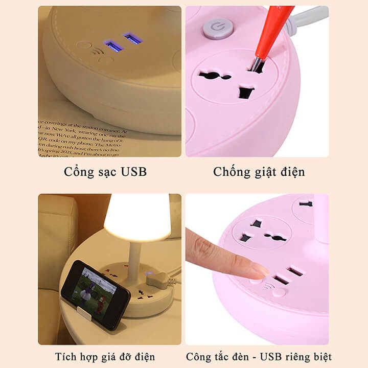 Đèn ngủ để bàn đa năng kiêm ổ cắm điện thông minh 4 cổng chịu tải 2500W, dây dài 1.8m, tích hợp 2 cổng sạc USB