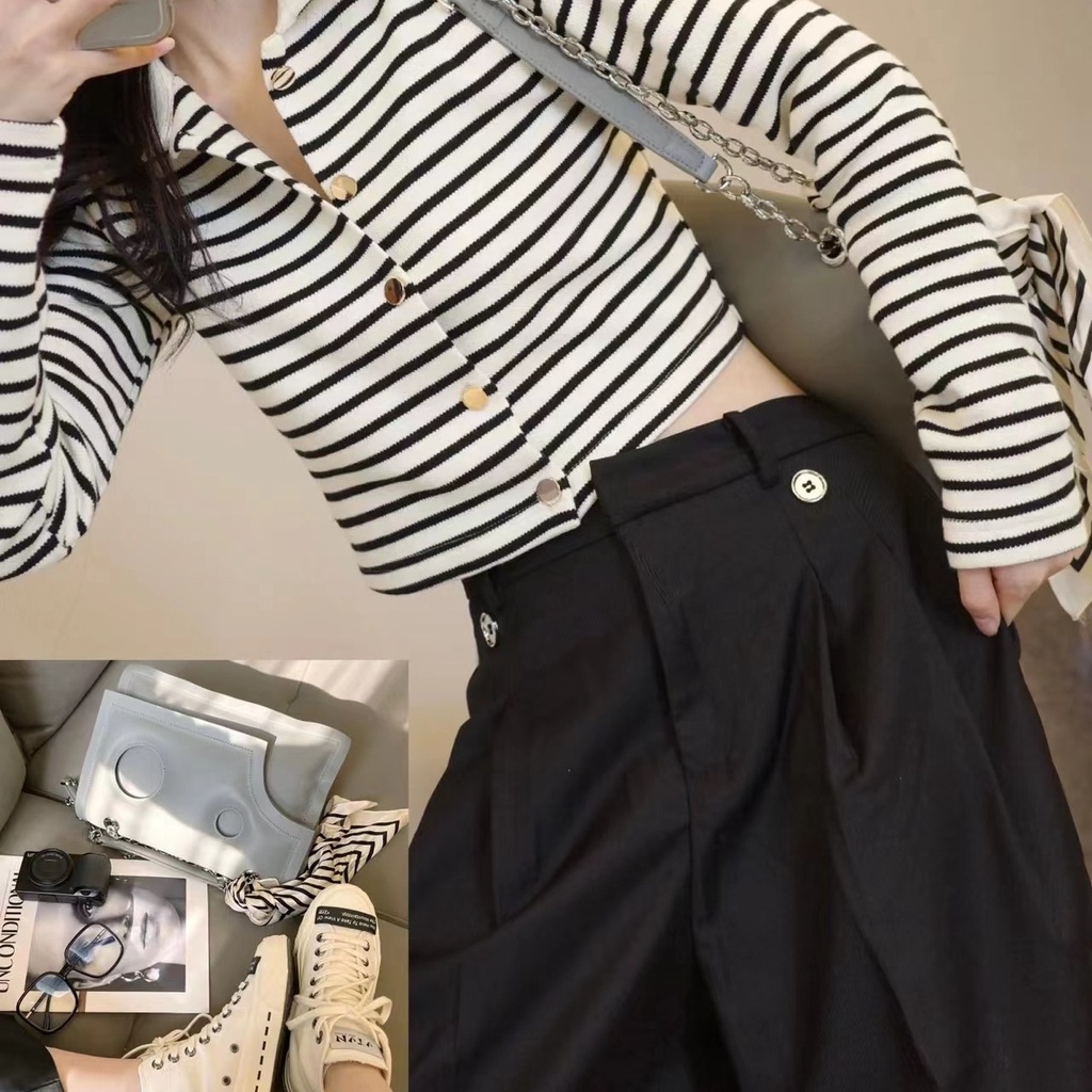 Áo cardigan dệt kim ZHELIHANGFEI tay dài cổ polo lưng cao kẻ sọc trắng đen phong cách quyến rũ