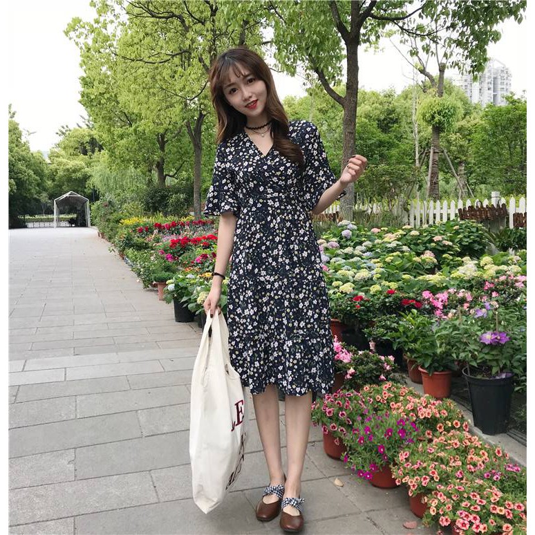 Đầm Nữ Ngắn Tay Cổ Chữ V In Hoa Thời Trang | BigBuy360 - bigbuy360.vn