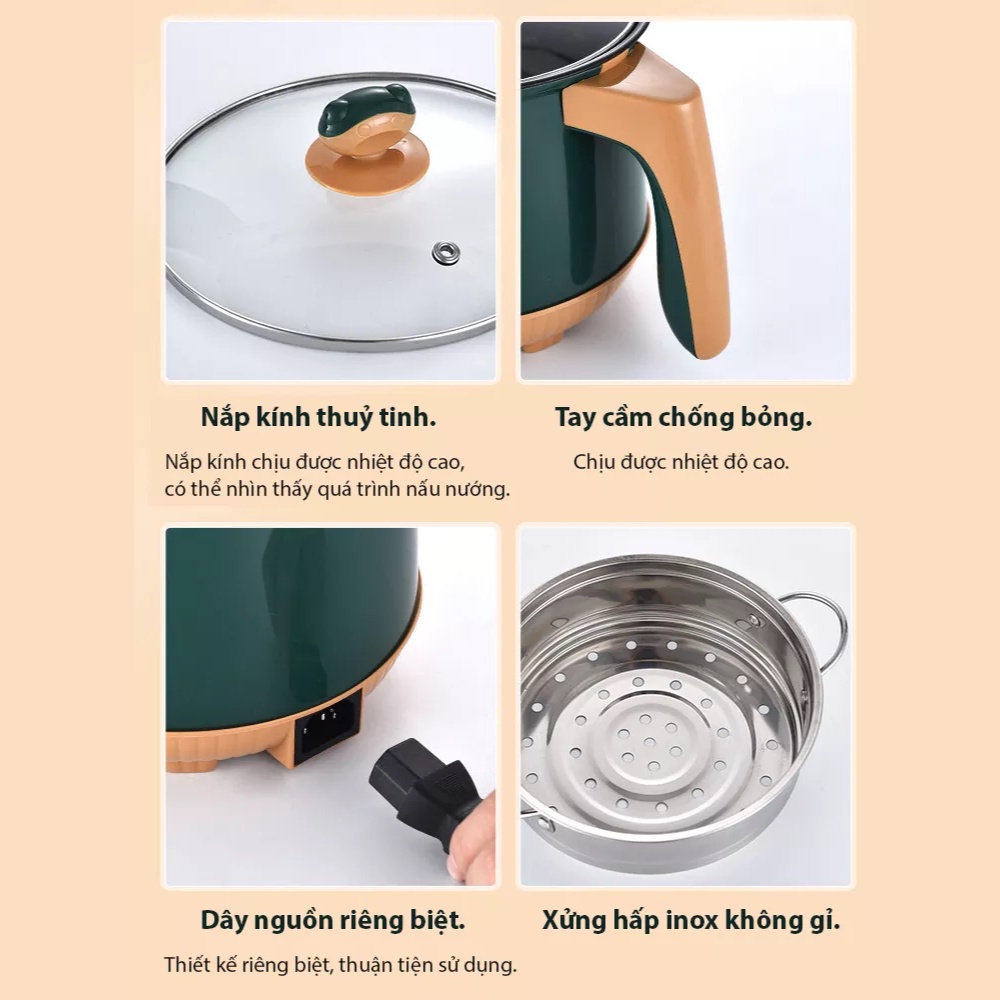 Ca Nấu Mì , Nồi Lẩu Mini, Nồi Nấu Đa Năng Có Tay Cầm 1,8L- Nồi Lẩu Điện 2 Nấc Nhiệt Mẫu Mới Kèm Giá Hấp